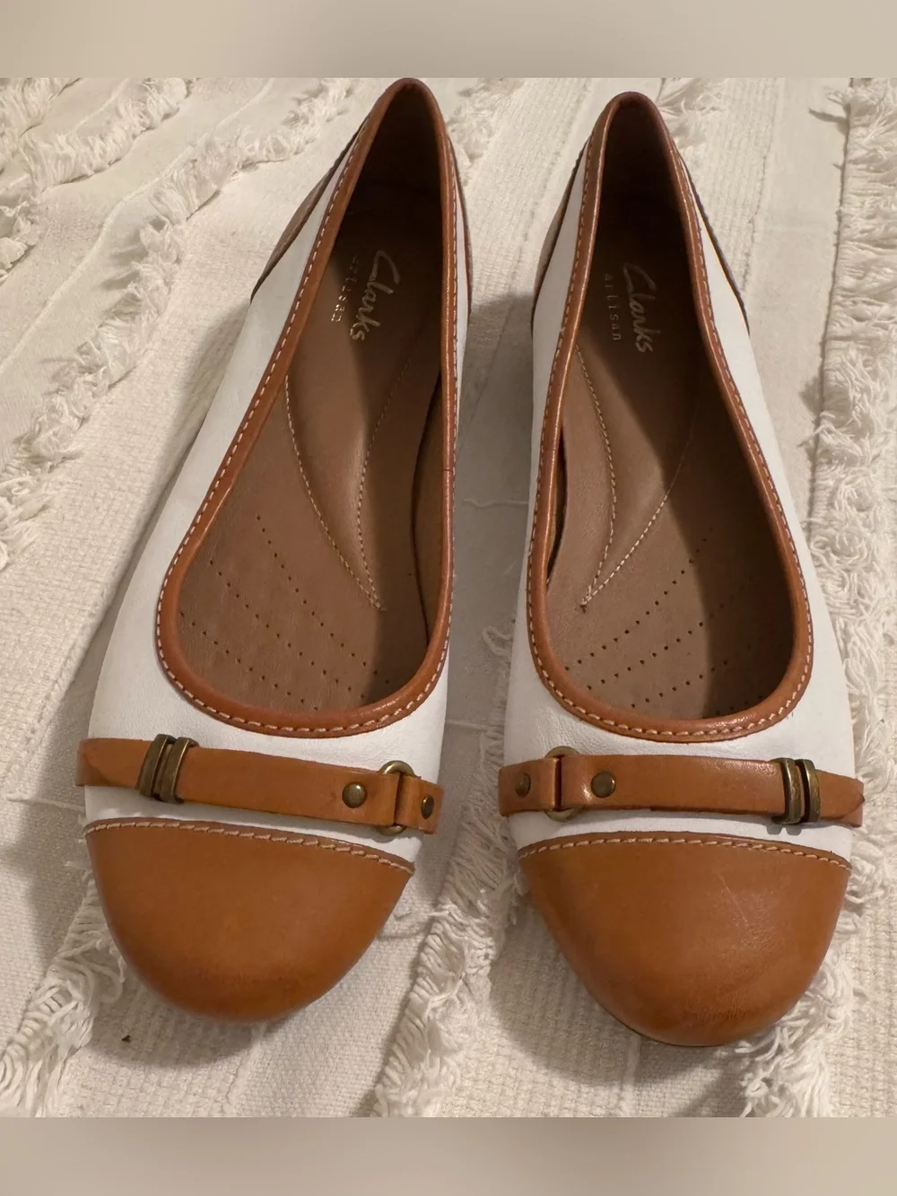 Clarks Two-Tone Brown and White Leather Ballet Flats